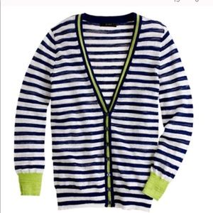 J. Crew Navy and White Striped Cardigan with Green Accents